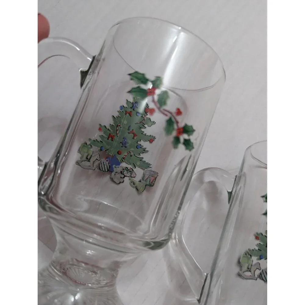Luminarc Christmas Tree Holly Irish Coffee style footed mugs 6‎ in lot 2
